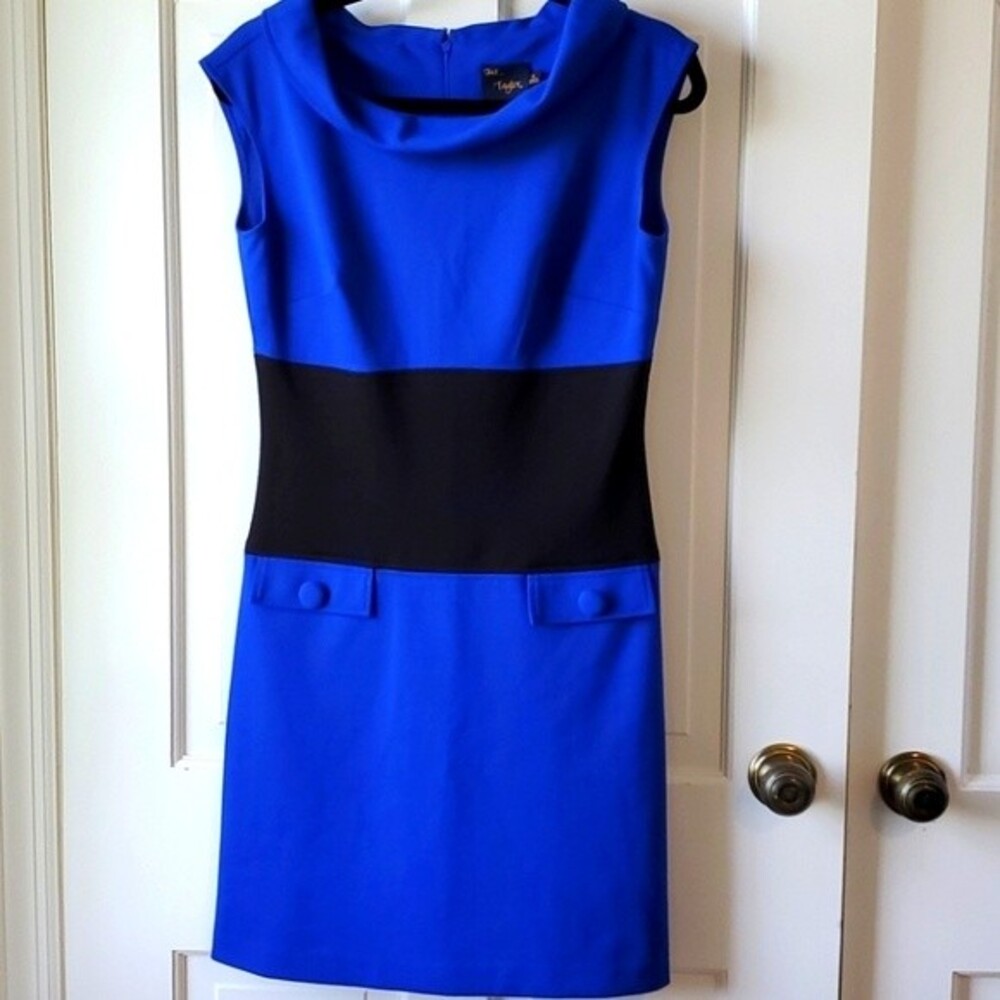 JUST...TAYLOR BLUE BLACK COLOR BLOCK FUNNEL NECK SLEEVELESS SHEATH DRESS 6 MOD